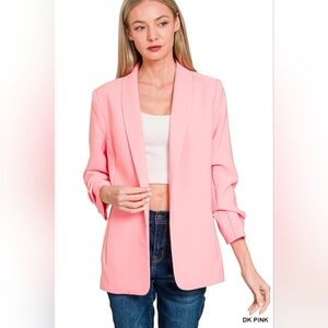 Zenana Rouched 3/4 Sleeve Open Front Blazer With Pockets